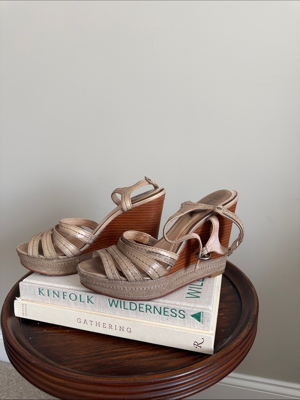 Frye Metallic Taupe Strappy Wedge Sandals with Wood-Stack Heel